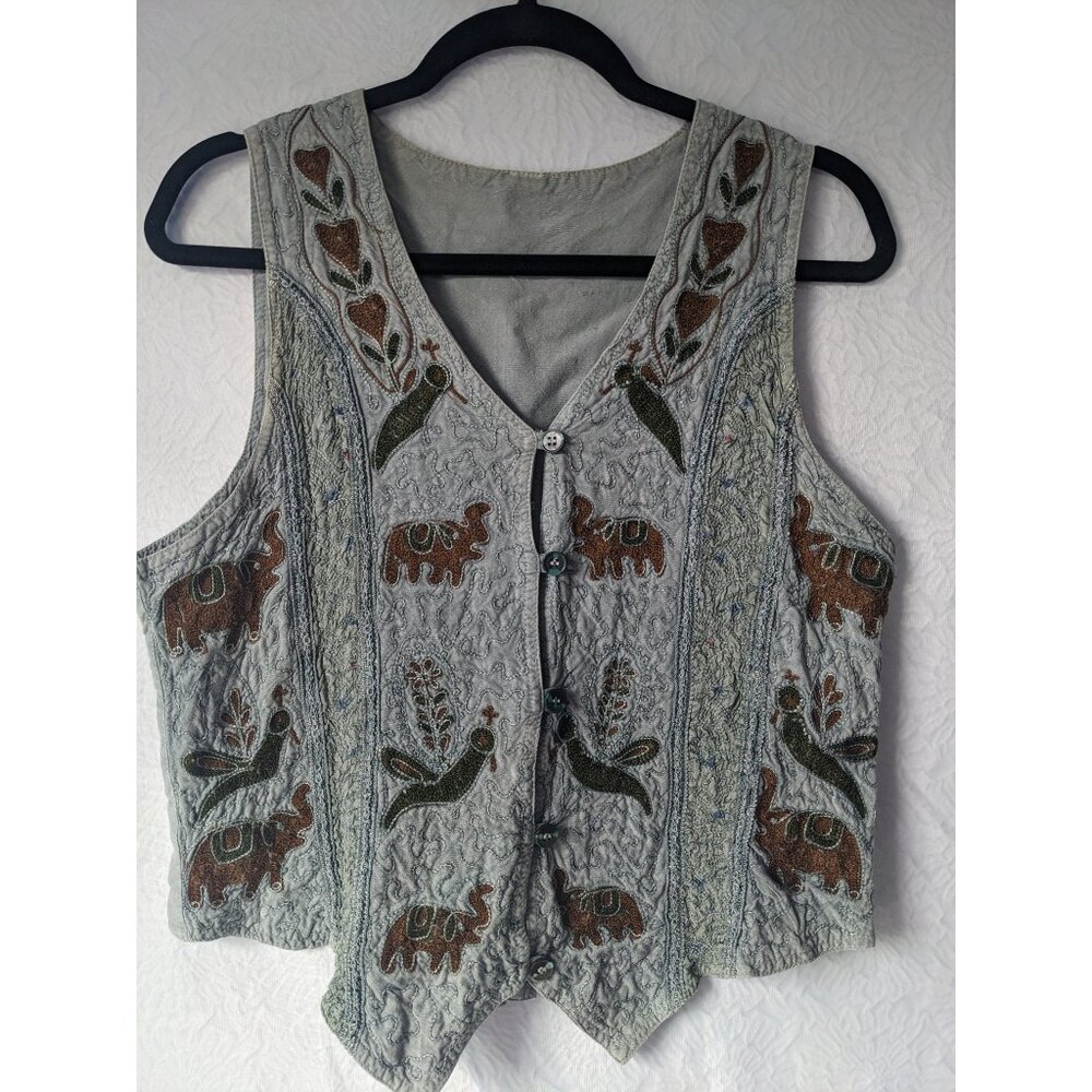 Vintage 90's Vest Washed Soft Denim Embroidered Elephants Birds Hippie Safari
